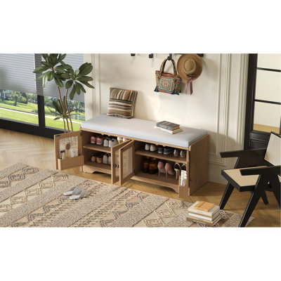 Rustic Storage Bench Multifunctional Wood Entryway Shoe Bench With Removable Cushion, Woven Rattan Doors & Adjustable Shelves For Hallway, Living Room (Brown+Beige )