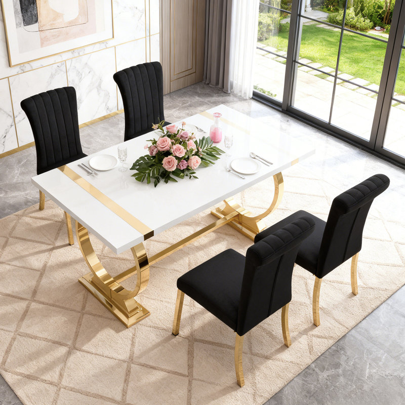 Ensemble de tabel de salle à manger rectangulaire moderne 5 pièces l 60 po, Noir et or, H 30 po x l 60 po x P 31,5 po, Doré