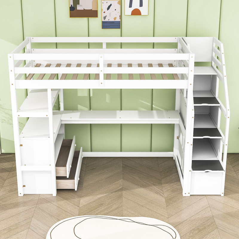 Lit mezzanine en bois avec bureau, tablettes et deux tiroirs Kaci, Simple, Blanc