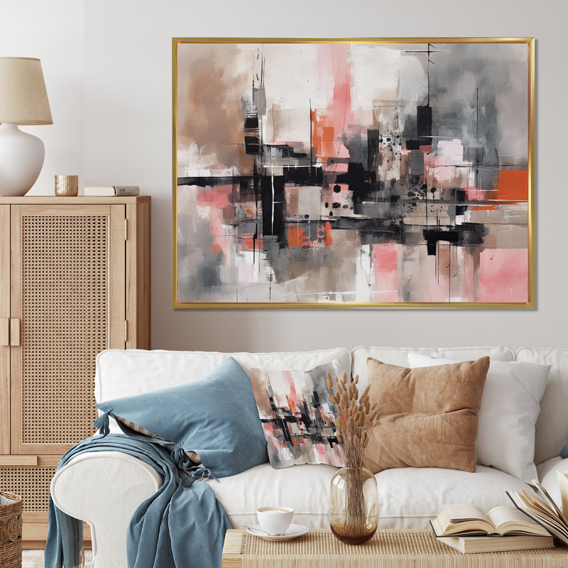 «Pink Black Minimalims Fludity II», reproduction sur toile, H 12 po x l 20 po x P 1 po, Cadre flottant doré