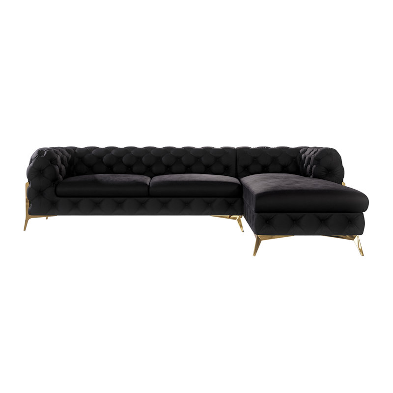 Corner Chaise Chesterfield Sofa  with Gold Metal Legs, Black, Right Hand Facing