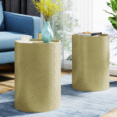 Paire de tables d'appoint contemporaines en métal - texture martelée, fer, surface brillante élégante 2, sans assemblage requis, ton