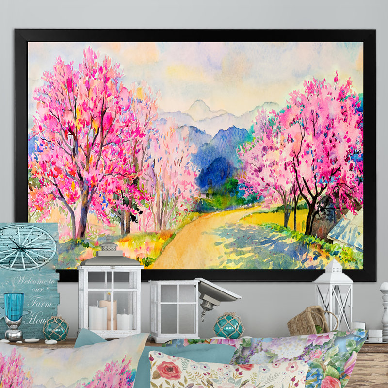 «Blooming Pink Autumn Tree» - reproduction de cadre flottant sur toile, H 8 po x l 12 po x P 1 po, Cadre noir