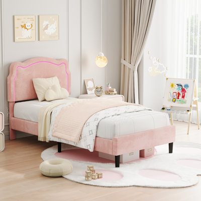Platform Bed Frame, Velvet Upholstered Bed Frame with Height Adjustable Bear-Shaped Headboard, Noise Free, No Box Spring Needed