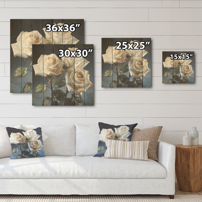«Monocrhome White Roses Blooming - Roses, art sur bois de pin naturel, H 15 po x l 15 po