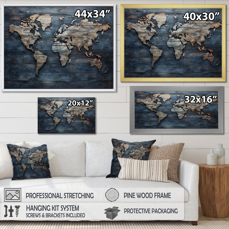 Carte du monde rustique, H 30 po x l 40 po x P 1,5 po, Cadre flottant doré