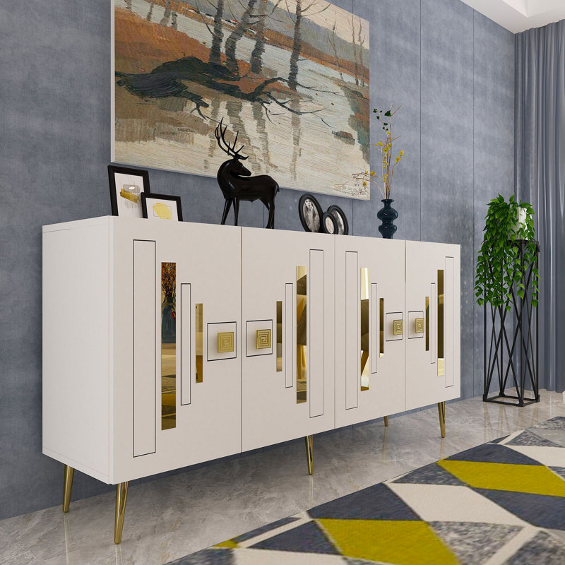 Modern Console Table with Wall-Mount Option, White & Gold, 100% Melamine Coated Particle Board, Thickness: 0.7 inches | Geometric Design with Multiple Shelves, Stylish & Functional Storage