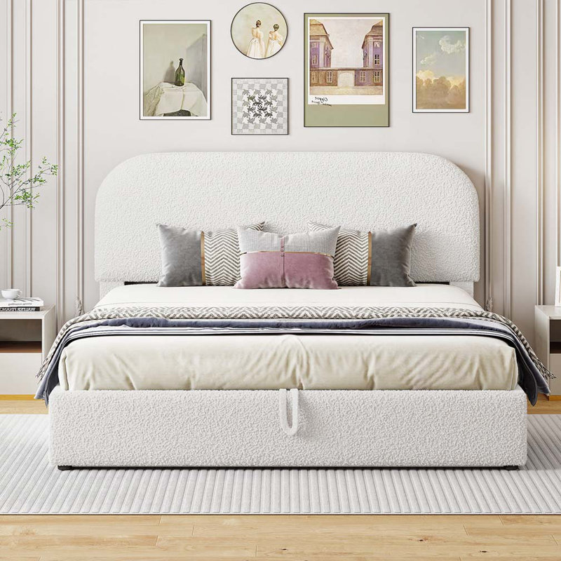 Lit rembourré Teddy avec rangement relevable, Blanc, Grand