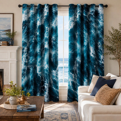 2Pcs Realistic Ocean Wave Print Sun Blocking Curtains, 2D Water Texture Printed Art Ring Top, Noise-Reducing and Light-Blocking for Living Room Bedroom Decoration for Home Dector