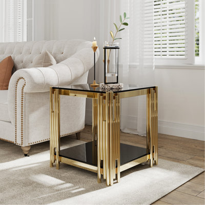 Table de bout carrée de 20 po de large avec plateau en verre noir, table de bout en verre trempé en acier inoxydable doré pour le salon et la chambre à coucher