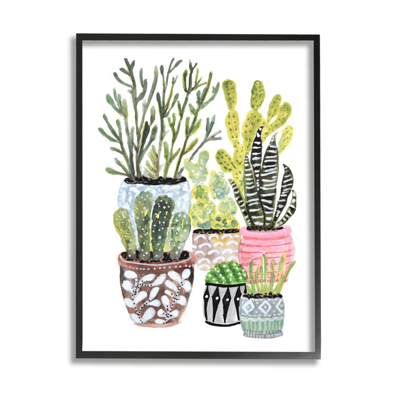 «Divers Cactus House Plants» par Karen Fields - peinture à cadre flottant sur bois, Giclée encadrée noir minuit