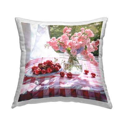 Cherry Blossoms & Cherries Outdoor Printed Pillow by RB