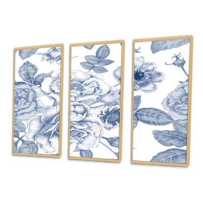 " White Vintage Flowers On Classic Blue II " 3 - Pieces