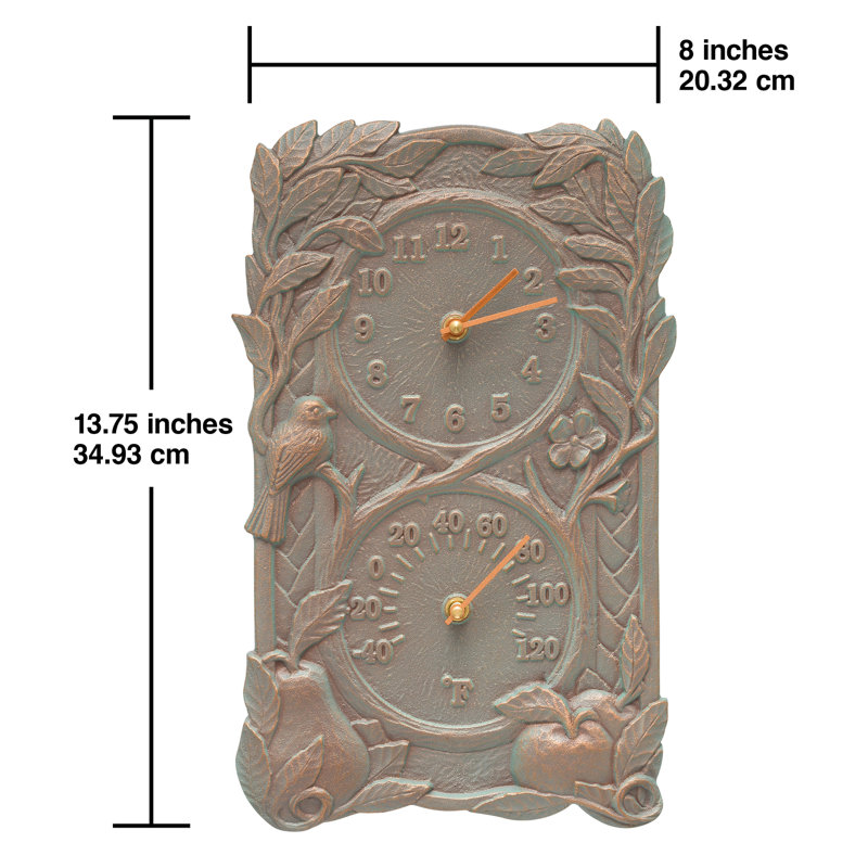 Fruit & Bird Clock Themometer Wall Clock, Verdigris