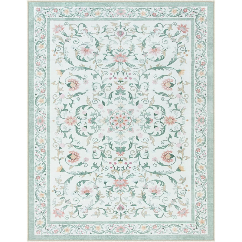  Floral Washable Area Rug Non-Slip Stain Resistant Low-Pile Boho Large Indoor Throw Carpet, Rectangle 8' x 10', Green