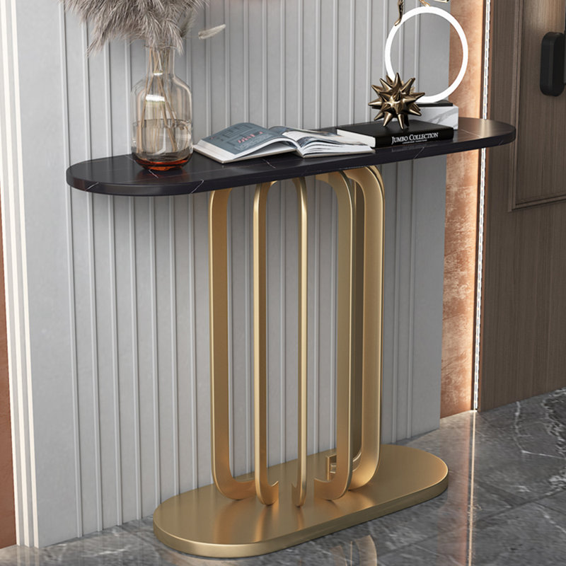Console ovale luxueuse de style italien, H 33,5 po x l 39,4 po x P 13,8 po, Noir, Doré