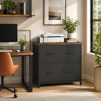 Classeur moderne noir à 2 tiroirs avec structure en acier, tiroirs pleine extension, rangement en bois d'ingénierie pour la maison, le bureau et l'école, support pour imprimante