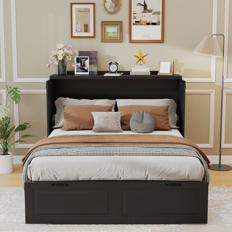 Murphy Bed with Built-in Charging Station, Full Size Cabinet Bed with Storage Drawers, Black, Black