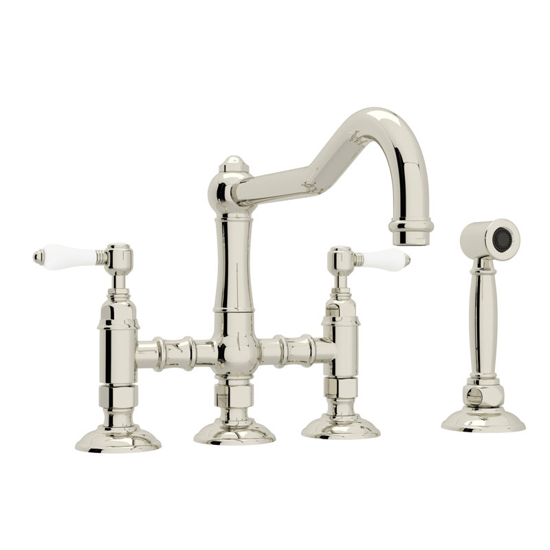 Acqui Bridge Kitchen Faucet With Side Spray, Polished Nickel, Porcelain Lever Handle