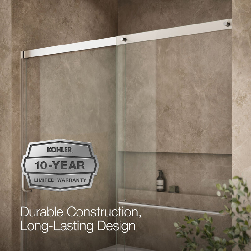 Elate Sliding Bath Door, 56-3/4-In H X 56-1/4 - 59-5/8-In W With Heavy 5/16-In Thick Crystal Clear Glass, Silver