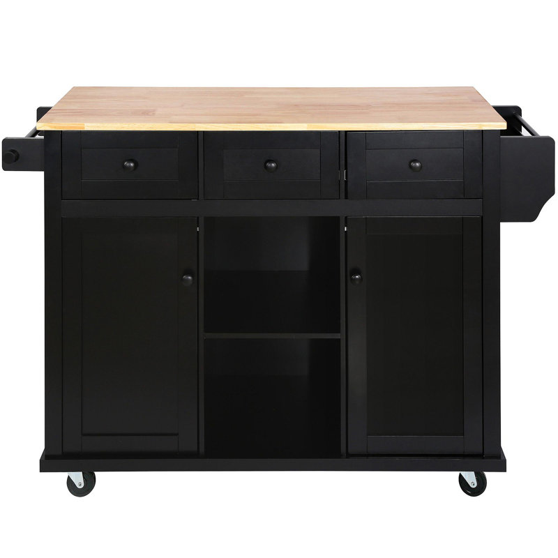 Kitchen Cart With Rubber Wood Drop-Leaf Countertop ,Cabinet Door Internal Storage Racks,Kitchen Island On 5 Wheels With Storage Cabinet And 3 Drawers For Dinning Room, Black