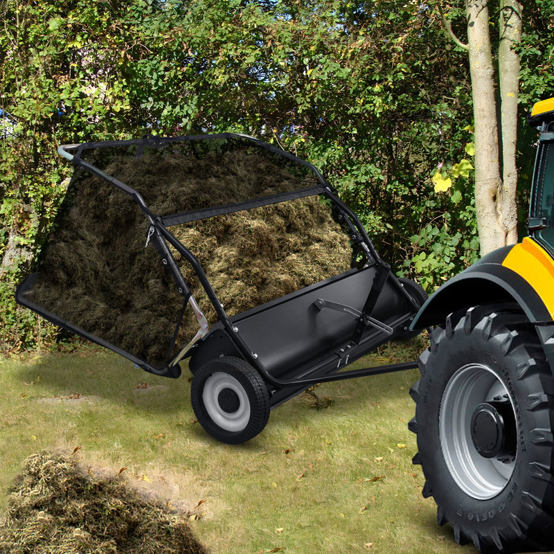 44 In Tow Behind Lawn Sweeper, 26 Cu.ft. Large Yard Sweeper, Adjustable Sweeping Height, Heavy Duty Leaf & Grass Collector With Dumping Rope, Pull Behind Sweepers For Debris Grass Clippings