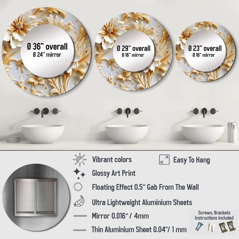 Gold And White  Royal Flower Garden Serenity - damask  Mirror, Gold Round Unique Wall Mirror, Printed Metal Art, 36" x 36"