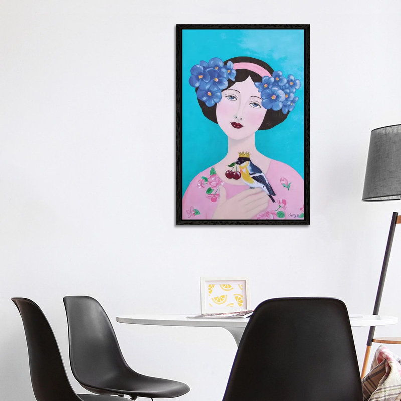 Woman With Bird And Cherry by Sally B - Gallery-Wrapped Canvas Giclée on Canvas, Black Framed, 101.6 cm H x 66.04 cm W