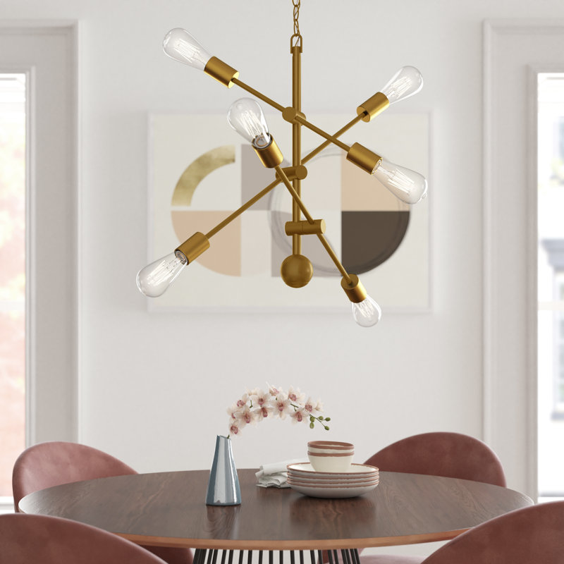 Lustre spoutnik à intensité variable 6 lumières Whelchel, H 82 po x l 29 po x P 29 po, Laiton