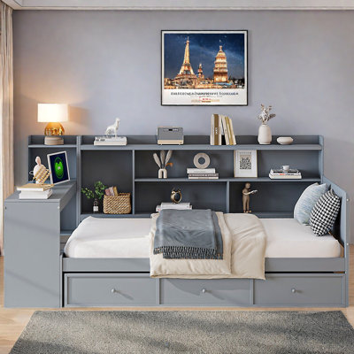 Lit de jour en bois avec 3 tiroirs, ports USB et bureau 