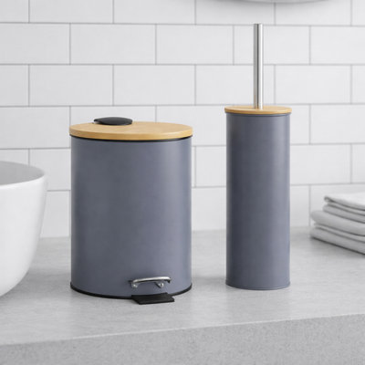 Bathroom Set with Bamboo Lid - Matte Metal Trash Can and Toilet Brush