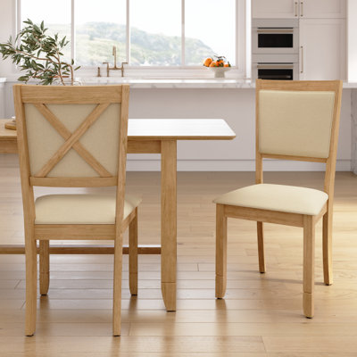 Dining Chairs Set of 2, Upholstered Seat, X Back Design, Farmhouse Wood, Blonde Oak and Beige Fabric