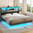 Upholstered Floating Bed Frame with Storage Bookcase Headboard Wood LED Metal Platform Bed with Charging Station-1578769249-1577251717