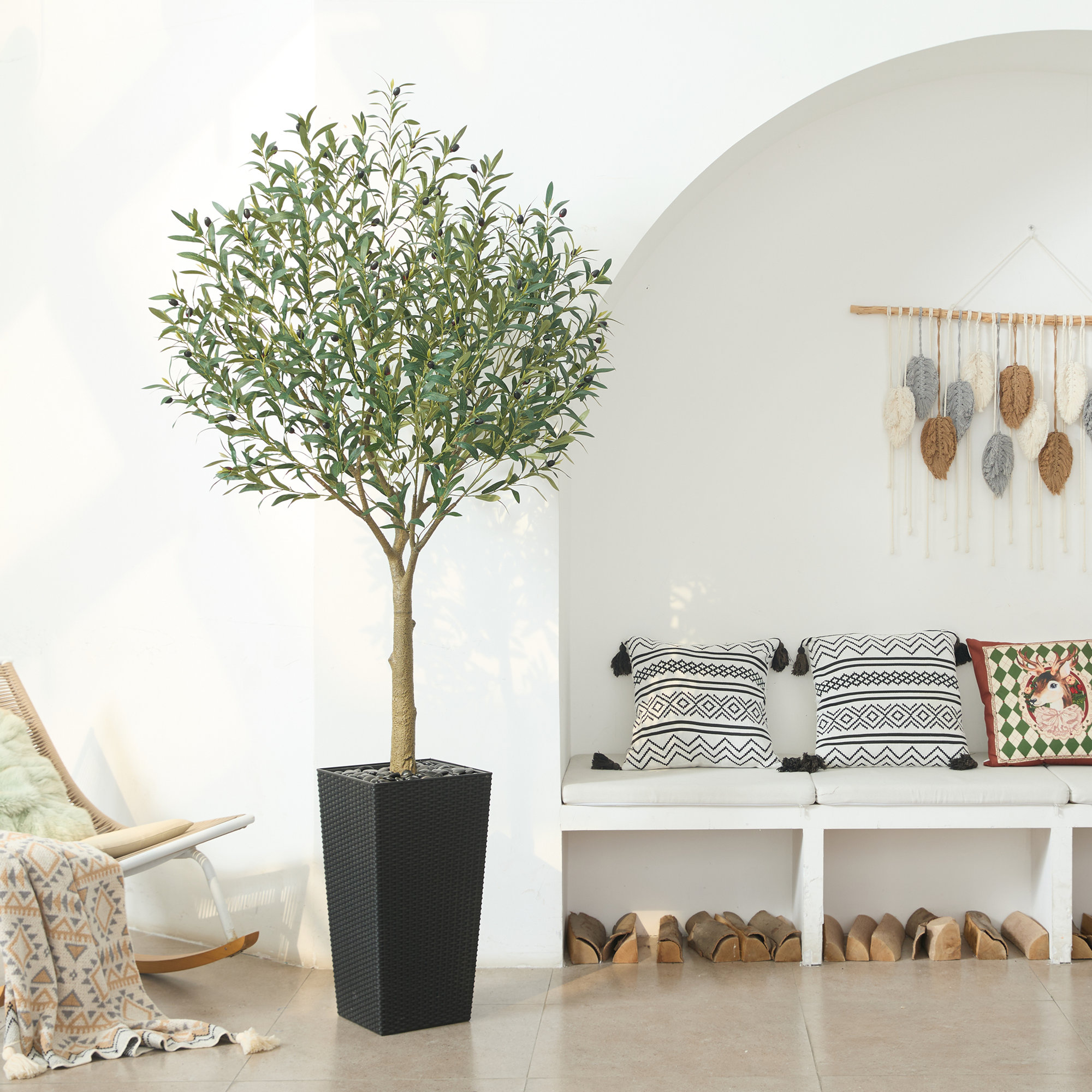Altera UV Resistant Artificial Olive Tree for Indoor & Outdoor Decor, Large Plastic Base with Pebbles, 84" H x 28" W x 28" D