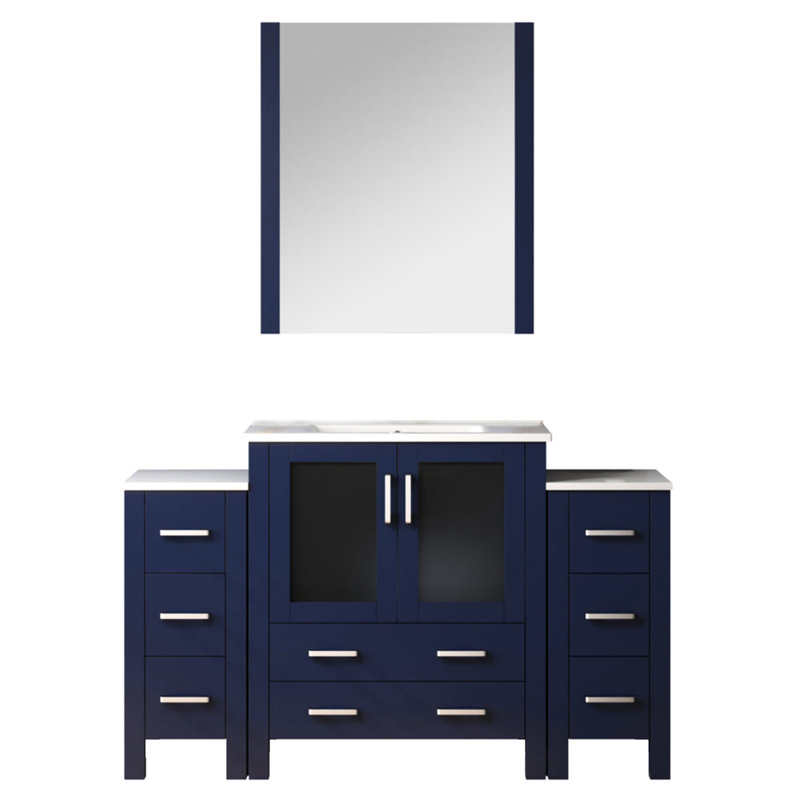 Meuble-lavabo simple bleu marine, 54 po W, avec armoires latérales, plateau en céramique blanche, miroir 28 po, fermeture en douceur, espace de rangement spacieux et pratique