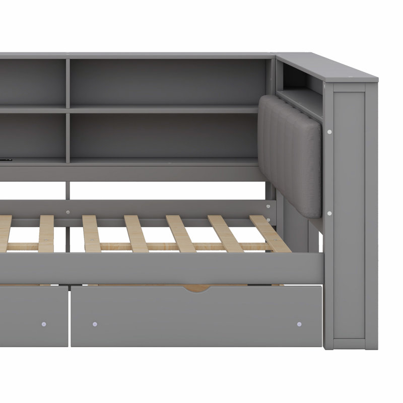 Lit plateforme en bois avec tablettes de rangement, tiroirs, station de charge, DEL, bureau et tête de lit tapissier, Double
