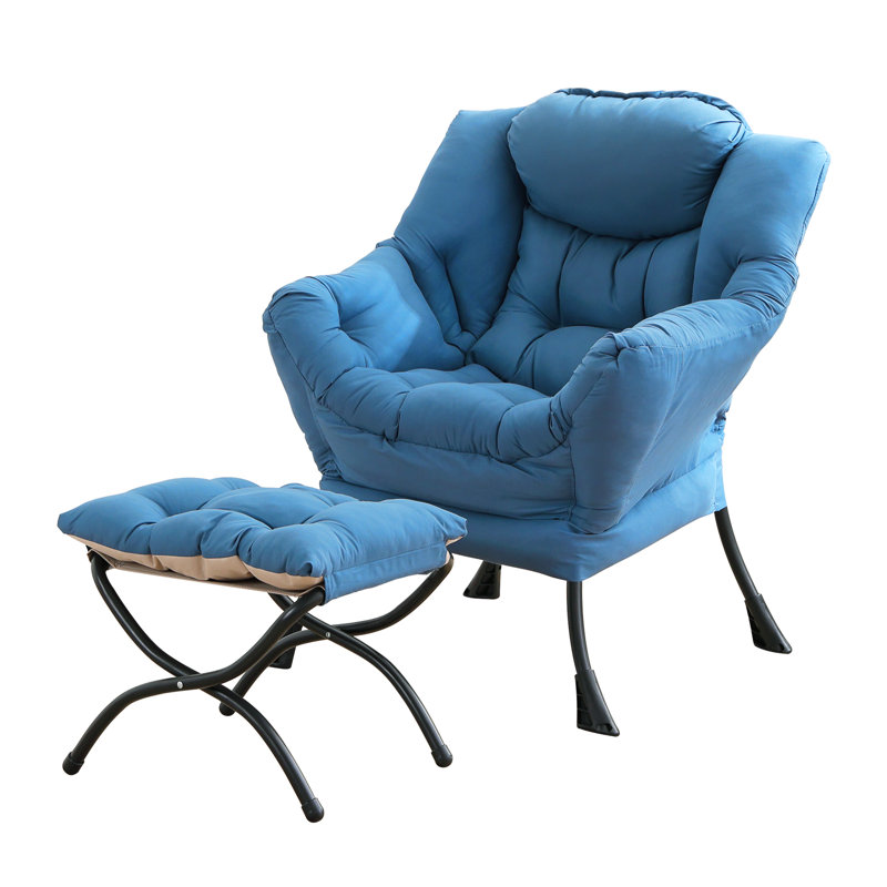 Abramson Lazy Chair, Modern Lounge Accent Chair with Armrests and a Side Pocket, Blue Cotton, No