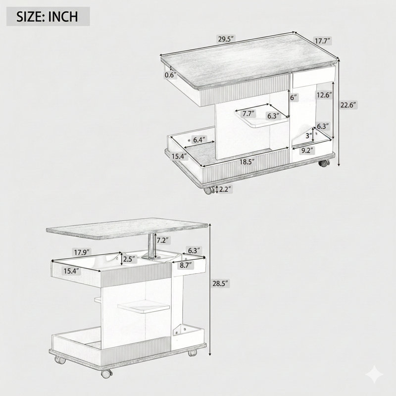 Adjustable End Table On Wheels, A Modern Multifunctional Sofa Side Table With A Lift-Top, A 360° Rotating Top, And Storage Space. Designed For Living Rooms And Small Spaces.