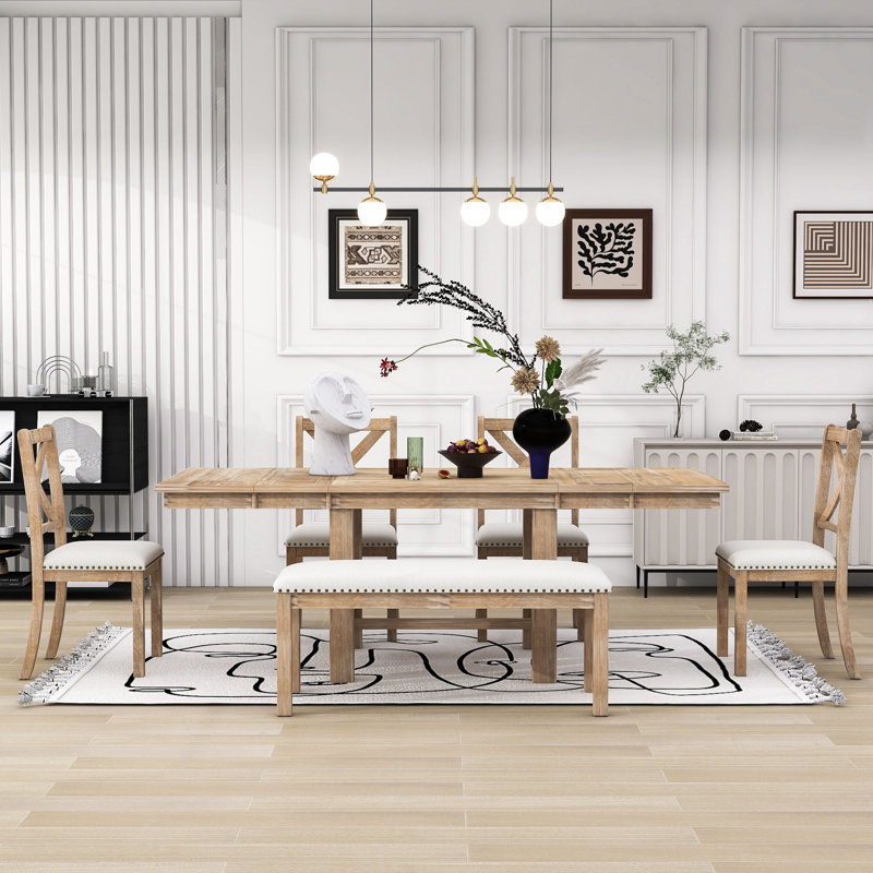 Stanely 6-Piece Extendable Dining Table with Footrest, 4 Linen Upholstered Dining Chairs and Bench, Natural