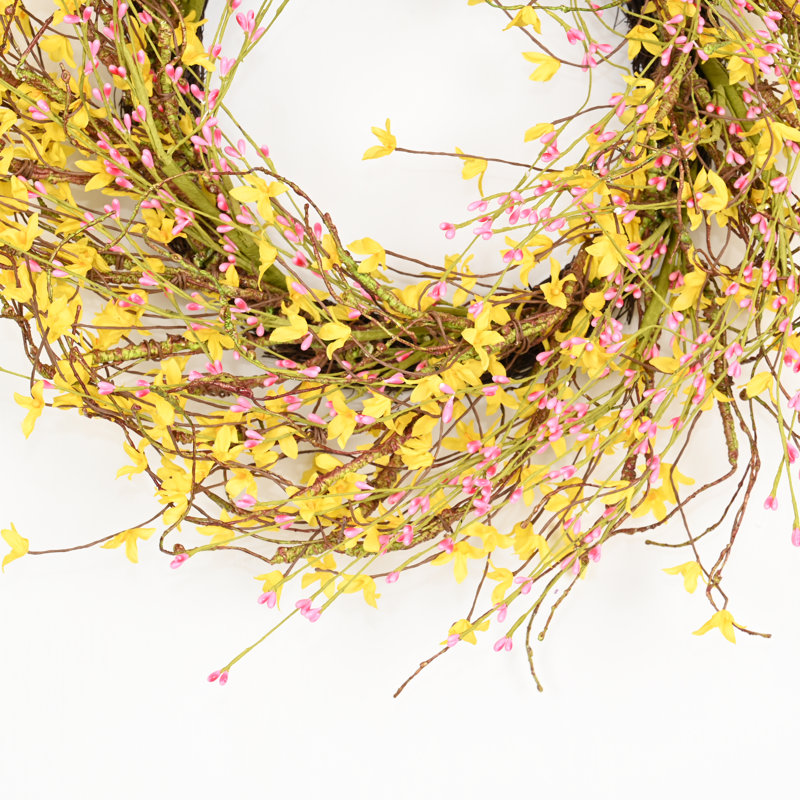 Couronne de fleurs artificielle 24 po avec fleurs de printemps, Jaune / Rose