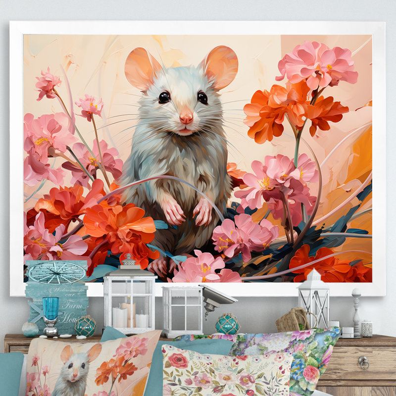 «Pink Curious Rat Blooms II - Mouse Animal», art mural, Cadre de coin blanc fermé, H 12 po x l 20 po x P 1 po