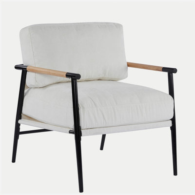27.56-inch modern decorative chair, with fluffy padding, simple metal frame and wooden armrest design - perfectly suited for cozy living room, bedroom, or office chairs