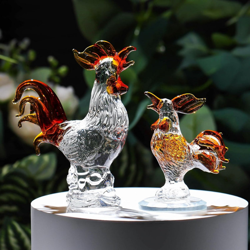 2pcs Brown Crystal Chicken & Rooster Figurines