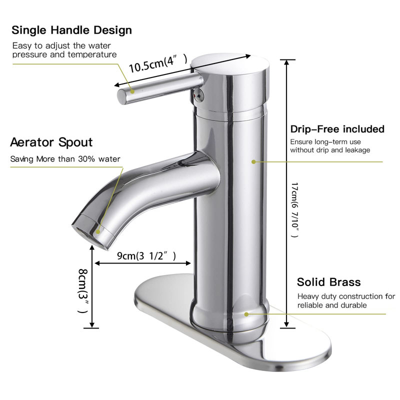 Robinet de salle de bain monocorps à poignée simple avec drain escamotable en chrome poli