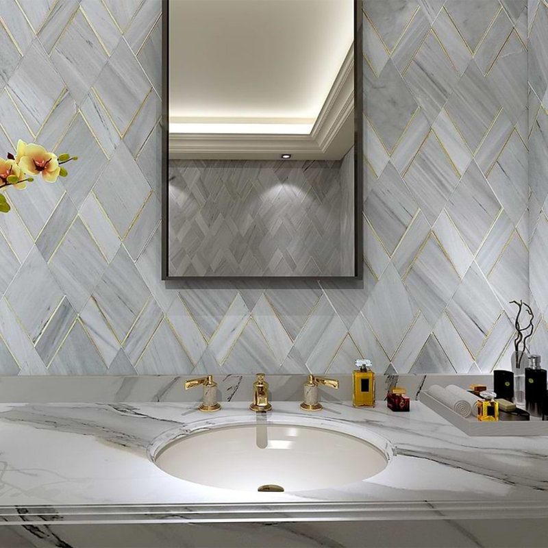 Enver Polished Marble And Brass Mosaic, Gray/Brass