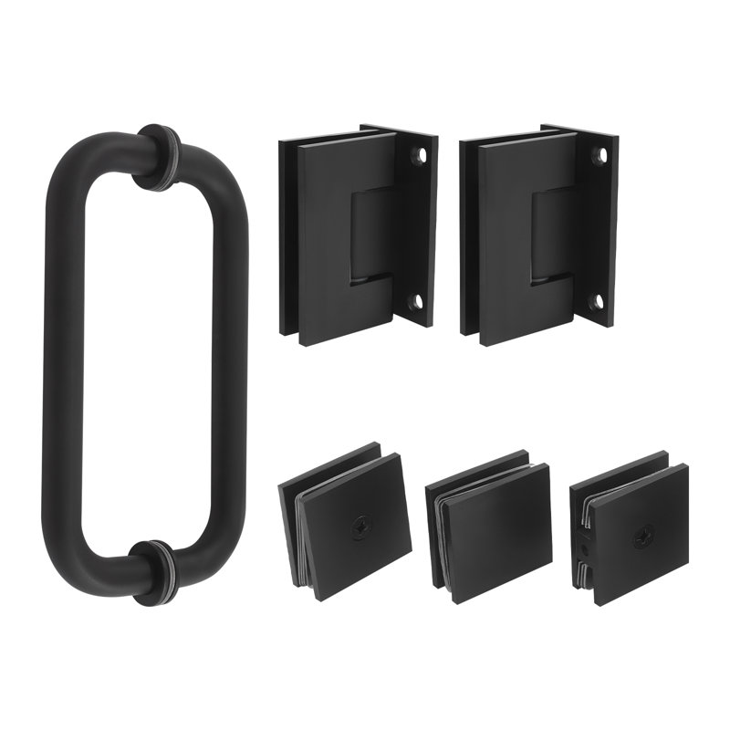 Stainless Steel Shower Hardware Accessories Bathroom Glass Door Fixing Fittings Set Including 2 Hinges 2 Handles And 3 Door Clamps Black