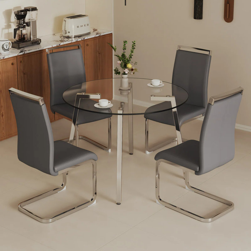 Lyndora Modern Glam 5-Piece Round Tempered Glass Dining Table Set with Gold Base and Cantilever Chairs, Dark Gray, Silver