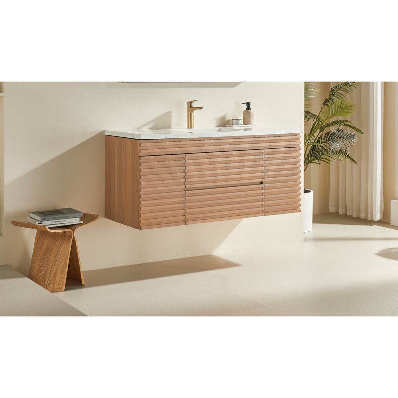 Meuble-lavabo mural en contreplaqué pour salle de bain moderne avec lavabo en céramique