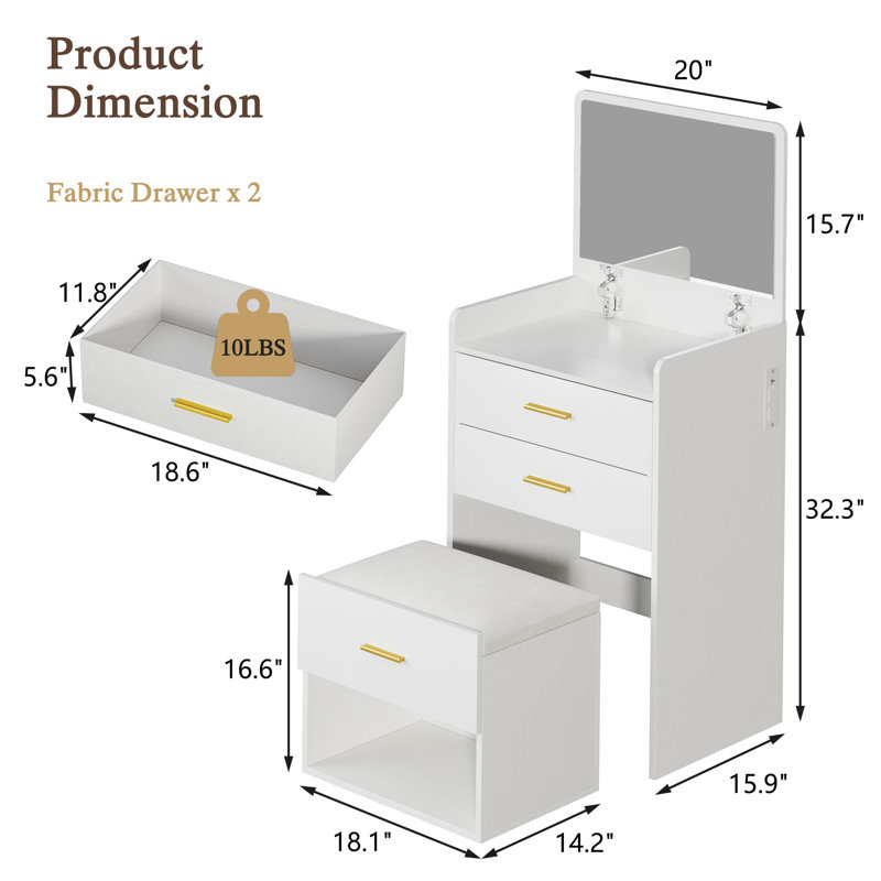 3 In 1 Vanity Desk With Flip-up Mirror & Chair