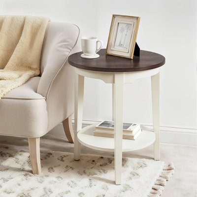 24'' Round Cream White Modern Solid Wood Dark Brown End Table With Storage For Living Room&Bedroom